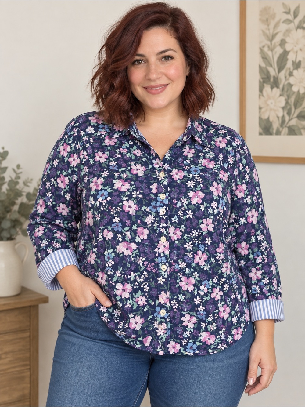 Talbots Plus 2X Navy Floral Button Down Shirt Contrast Cuffs